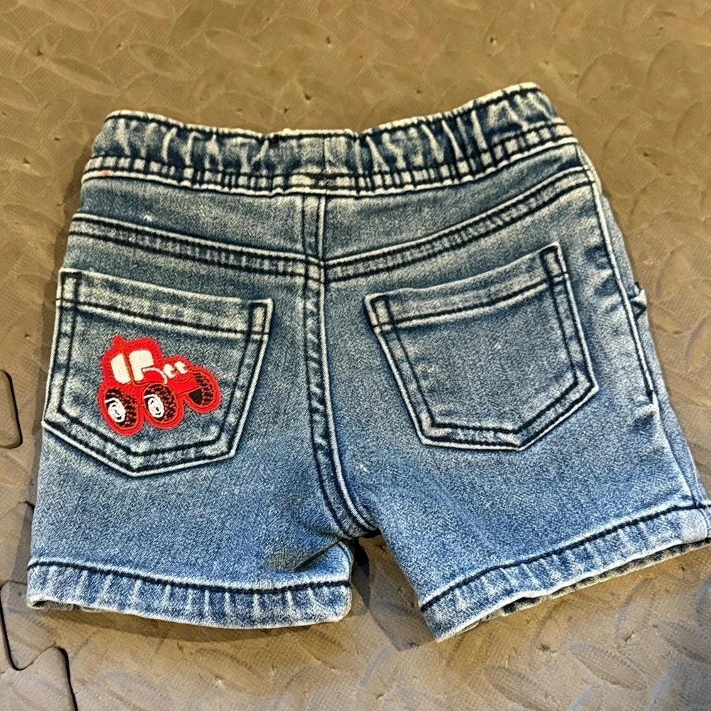 Okie Dokie Blue Denim Shorts with Red Farm Tractor Patch